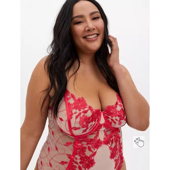 NWT Boysenberry Pink Two Tone Floral Embroidered Sheer Mesh Bodysuit Size 3X 3 - Picture 2 of 7